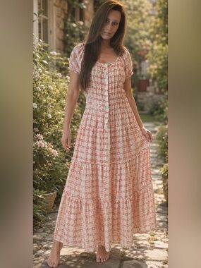 NWT Figueroa & Flower Cream and Coral Red Smocked Tiered Maxi Dress w/ Slip L